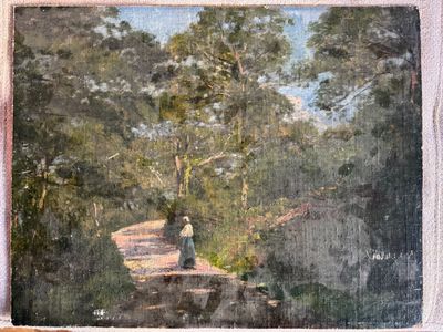 a painting of a woman walking down a dirt road