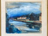 painting of a painting of a river with a building in the background