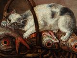 a painting of a cat laying on a basket of fish