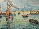many boats that are in the water near a lighthouse