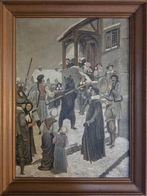 painting of a painting of a group of people in front of a building
