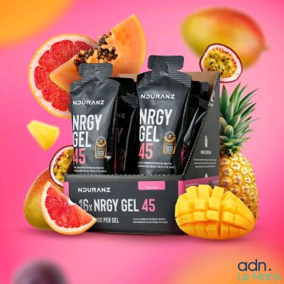 two packets of energy gels with fruit on a pink background