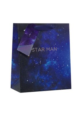 un sac de courses bleu orné du logo « Star Man »