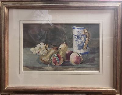 painting of a still life of fruit and a pitcher on a table
