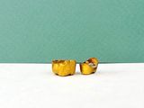 paire de boucles d'oreilles à clous plaquées or sur fond blanc avec un arrière-plan vert
