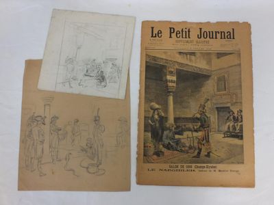 deux pages de dessins représentant des personnes dans un salon et un dessin représentant une cheminée