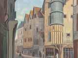 tableau représentant une scène de rue avec des bâtiments et des passants marchant dans la rue