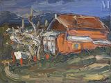 une peinture à l'huile représentant une maison rouge sur une colline, avec un arbre au premier plan