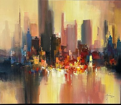 peinture représentant un paysage urbain avec des bâtiments et de l'eau au premier plan