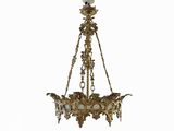 lustre ancien en laiton avec des abat-jours en verre opalisé