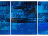 blue painting of a boat in a body of water with trees in the background