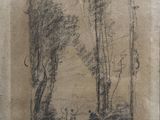 an old drawing of a man and a dog in a wooded area