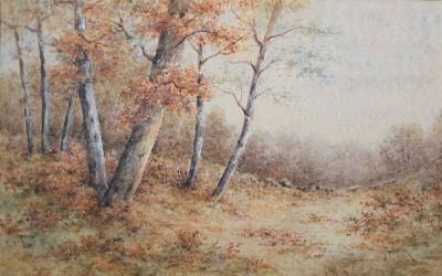 un tableau représentant des arbres dans un champ au bord de l'eau