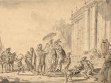 an old drawing of a group of people standing in front of a building