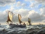 une peinture représentant un voilier en mer, avec d'autres bateaux en arrière-plan
