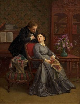 un tableau représentant un homme et une femme assis sur une chaise