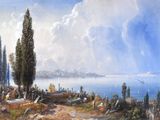 un tableau représentant une vue d'un lac avec des bateaux sur l'eau