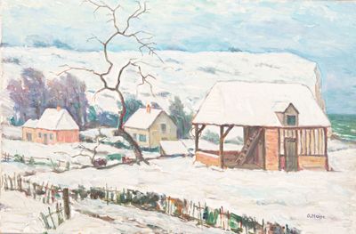 painting of a painting of a snowy landscape with houses and a tree