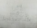 pencil drawing of a church with a clock tower on top of it