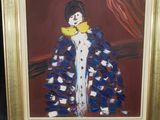 une peinture à l'huile représentant une femme vêtue d'une robe bleue et d'un foulard jaune