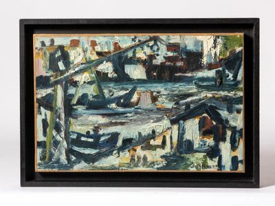 an oil painting of boats in a harbor with buildings in the background