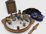 a mirror, a purse, and a mirror on a table