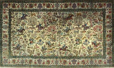 an oriental rug with birds and flowers on a white background