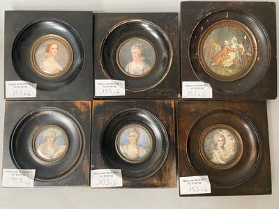 six framed miniature portraits of women and children in black frames