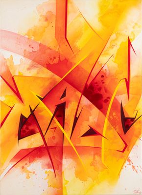 an abstract painting of orange and yellow shapes on a white background