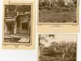 three old photographs of a building in a field with trees in the background