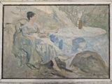 painting of a woman sitting at a table with a bottle of wine in front of her