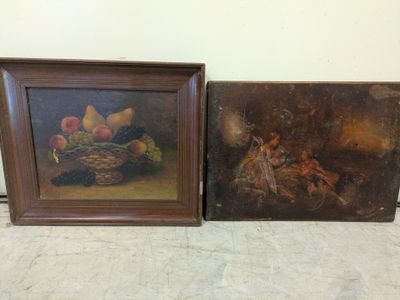 two framed paintings of fruit on a table next to a wall