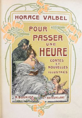 an old book with a picture of a woman and a child