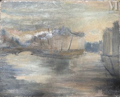 une peinture à l'huile représentant un bateau dans un plan d'eau