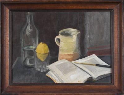 a painting of a book and a lemon on a table