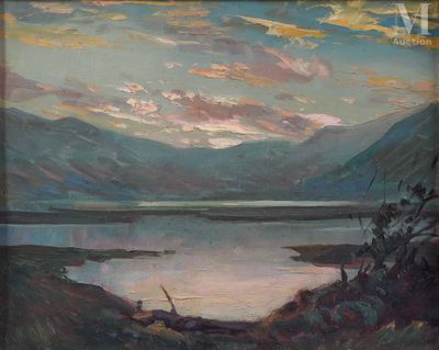 tableau représentant un lac avec des montagnes en arrière-plan