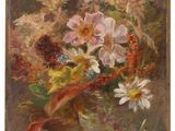an oil painting of flowers in a vase on a table