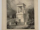 une ancienne gravure représentant un monument dans un parc, avec un homme debout à côté