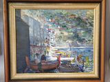painting of boats on the water with people in the background