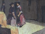 a painting of a group of people walking down the street