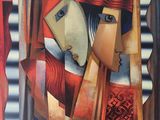 tableau représentant une femme coiffée d'un chapeau rouge et un homme vêtu d'un costume rouge
