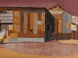 painting of a beach hut with a boat in the sand