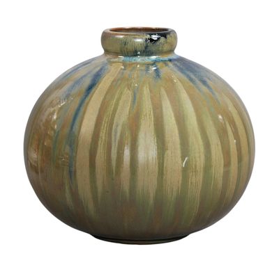 VASE boule en grès, couverte émaillée à coulures brun-bleu, …
