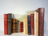 many books that are lined up on a white surface