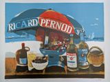 a picture of a painting of a beach bar with a red umbrella