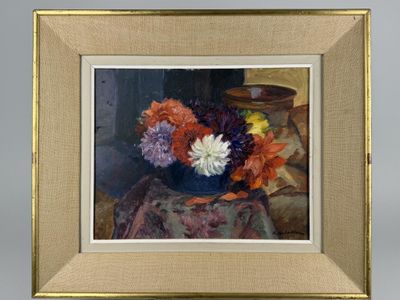 une peinture de fleurs dans un vase sur une table