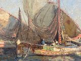 a painting of a group of sailboats in the water