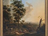 une image représentant un tableau où figurent des personnes et des animaux dans un paysage boisé