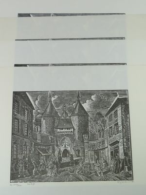 un dessin en noir et blanc représentant une scène de rue