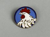 a close up of a white rooster on a blue background